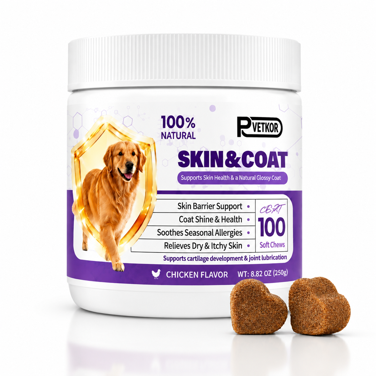 PVETKOR Skin and Coat Supplement for Dogs - 100% Natural Omega-3 & Colostrum Soft Chews for Itchy Skin, Anti-Shedding & Shiny Fur, Chicken Flavor, 100 Count