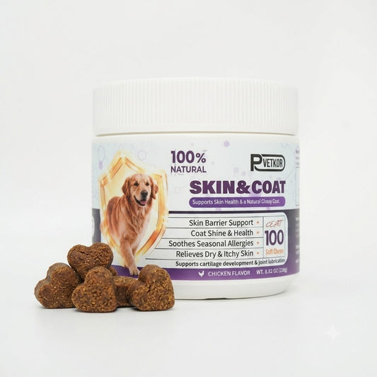 PVETKOR Skin and Coat Supplement for Dogs - 100% Natural Omega-3 & Colostrum Soft Chews for Itchy Skin, Anti-Shedding & Shiny Fur, Chicken Flavor, 100 Count