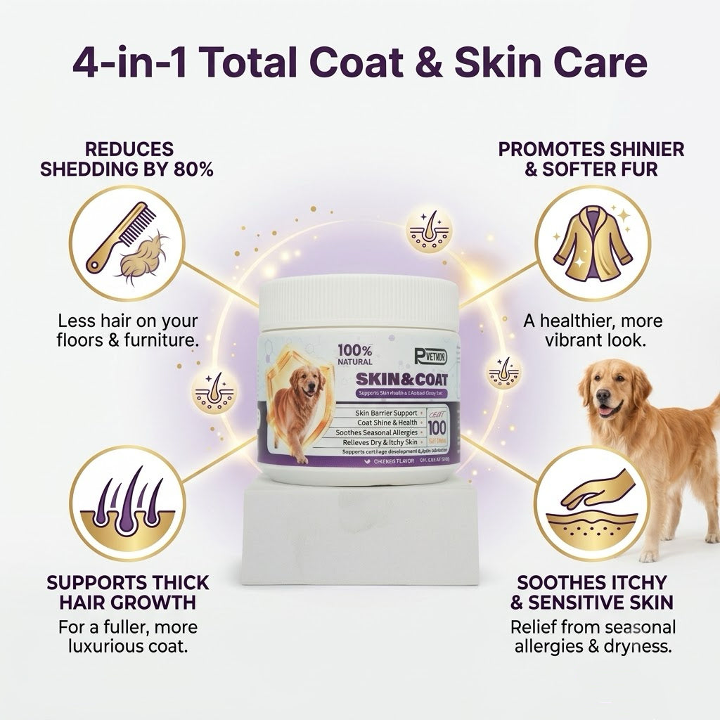 PVETKOR Skin and Coat Supplement for Dogs - 100% Natural Omega-3 & Colostrum Soft Chews for Itchy Skin, Anti-Shedding & Shiny Fur, Chicken Flavor, 100 Count
