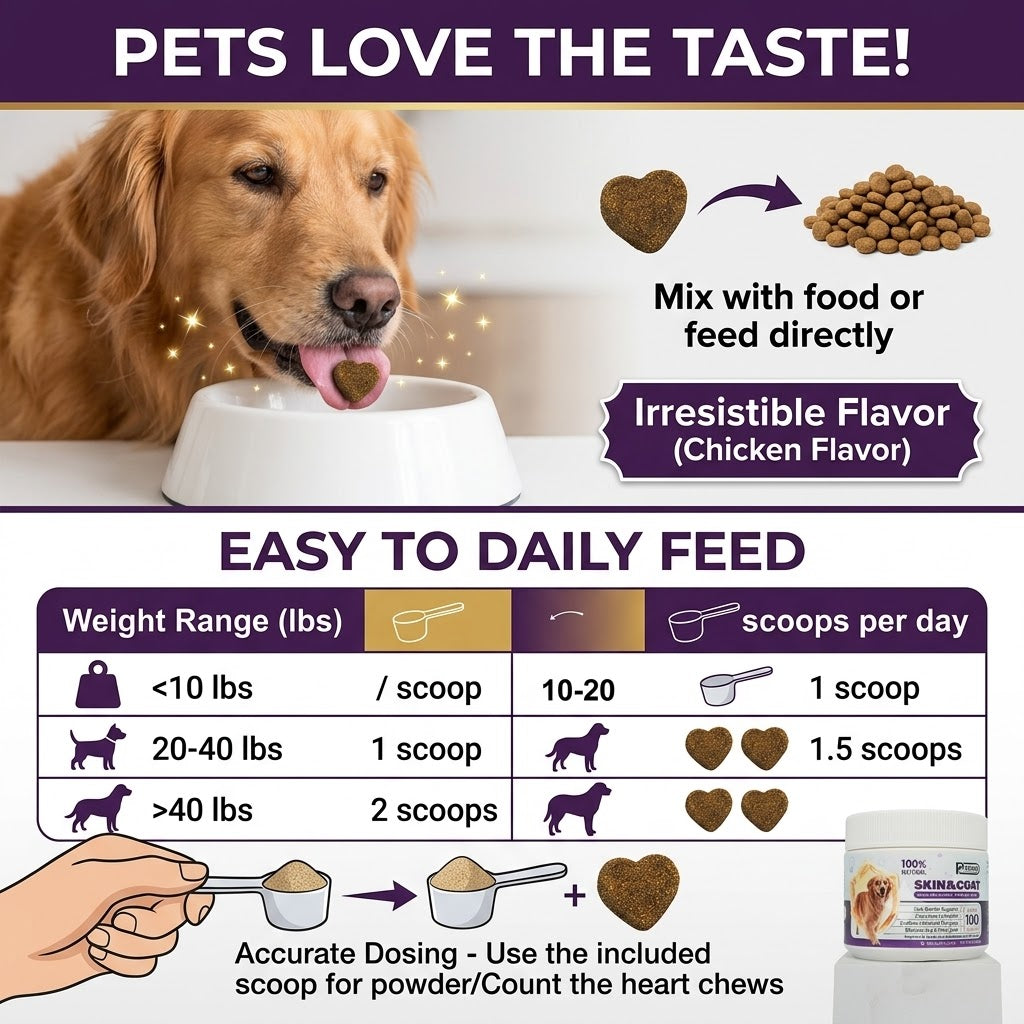 PVETKOR Skin and Coat Supplement for Dogs - 100% Natural Omega-3 & Colostrum Soft Chews for Itchy Skin, Anti-Shedding & Shiny Fur, Chicken Flavor, 100 Count