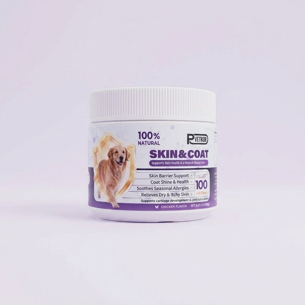 PVETKOR Skin and Coat Supplement for Dogs - 100% Natural Omega-3 & Colostrum Soft Chews for Itchy Skin, Anti-Shedding & Shiny Fur, Chicken Flavor, 100 Count