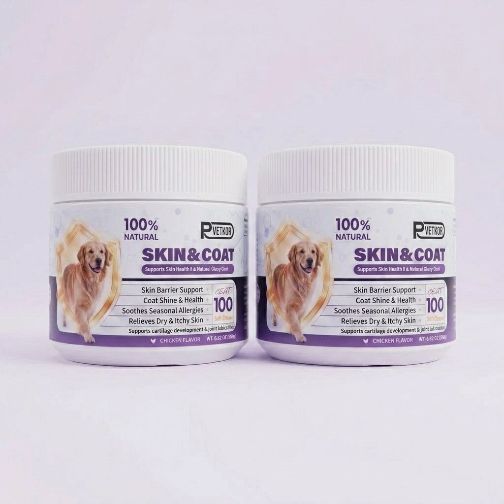 PVETKOR Skin and Coat Supplement for Dogs - 100% Natural Omega-3 & Colostrum Soft Chews for Itchy Skin, Anti-Shedding & Shiny Fur, Chicken Flavor, 100 Count