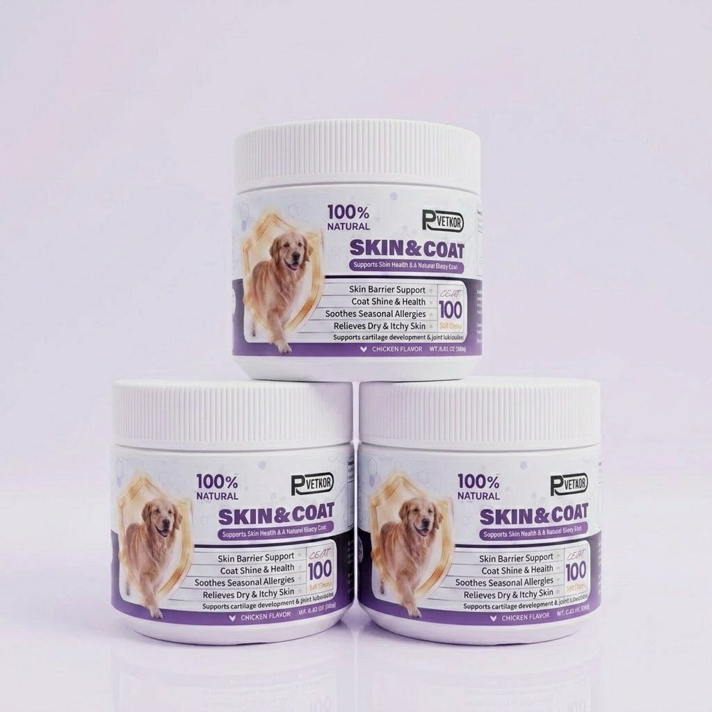 PVETKOR Skin and Coat Supplement for Dogs - 100% Natural Omega-3 & Colostrum Soft Chews for Itchy Skin, Anti-Shedding & Shiny Fur, Chicken Flavor, 100 Count